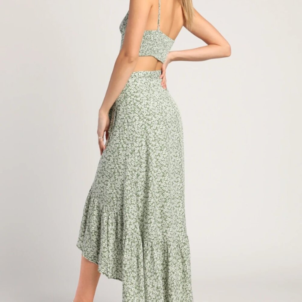 Lulus Summer Romance Sage Green Floral Print Two-piece Midi Dress - Size XS - Picture 2 of 8